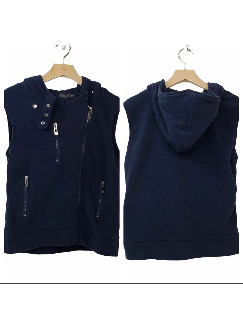 Doublju Fitted Zip-Up Hooded Moto Vest Blue NEW